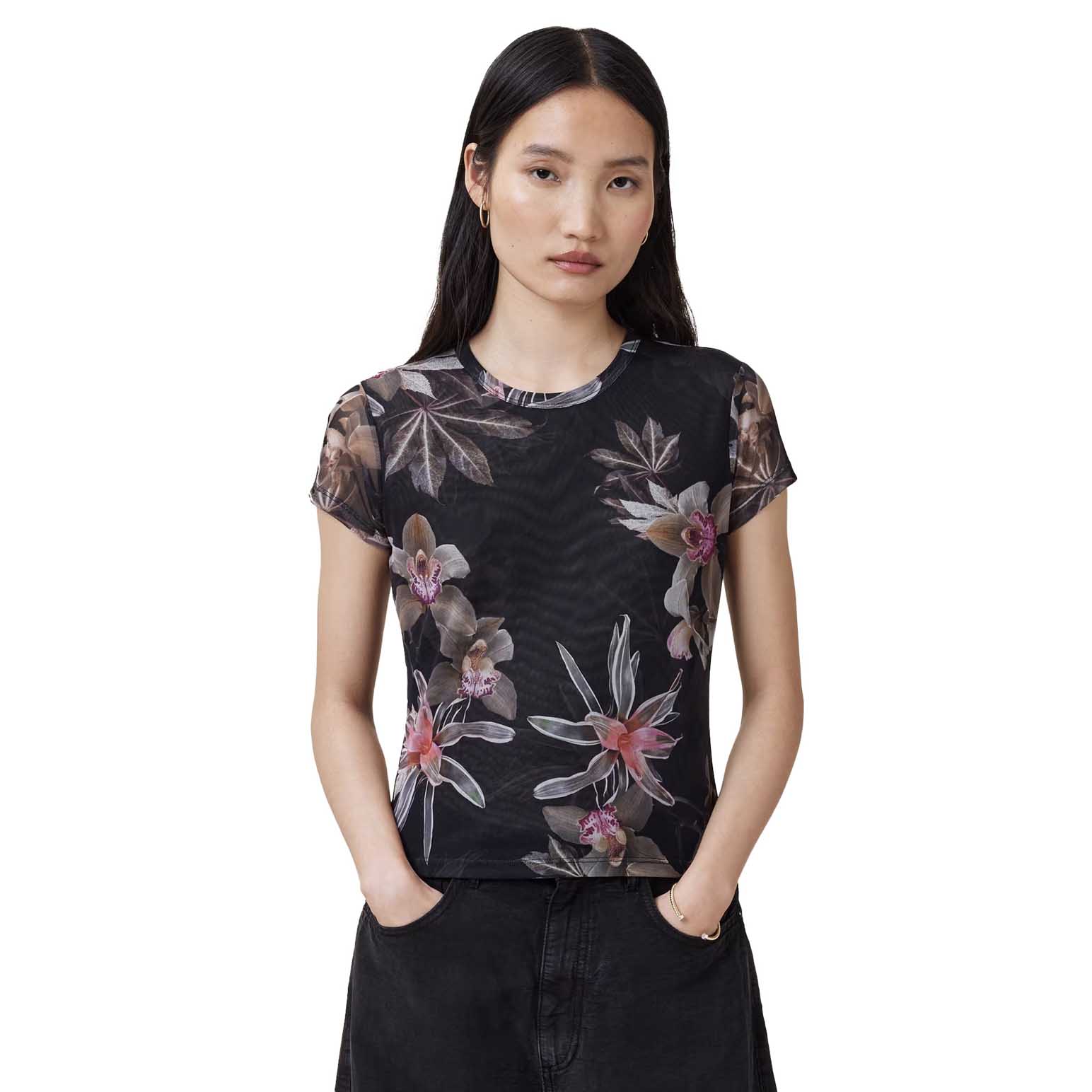 AllSaints Ellie Mesh Floral Print Slim T-Shirt